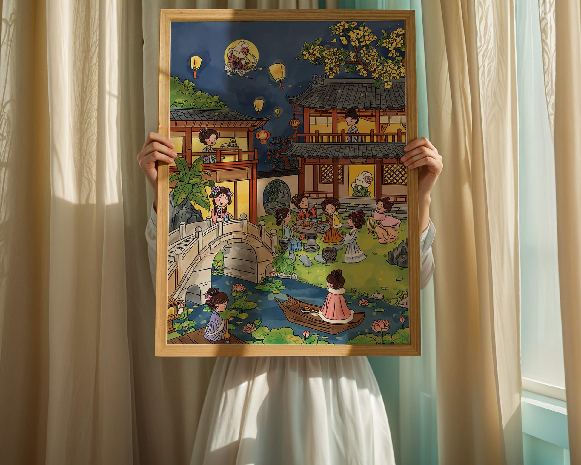 Escena de jardín chino tradicional con linternas y conejo lunar