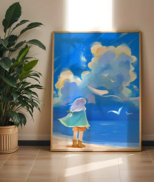 Young person gazing at a vibrant seaside sky with birds flying