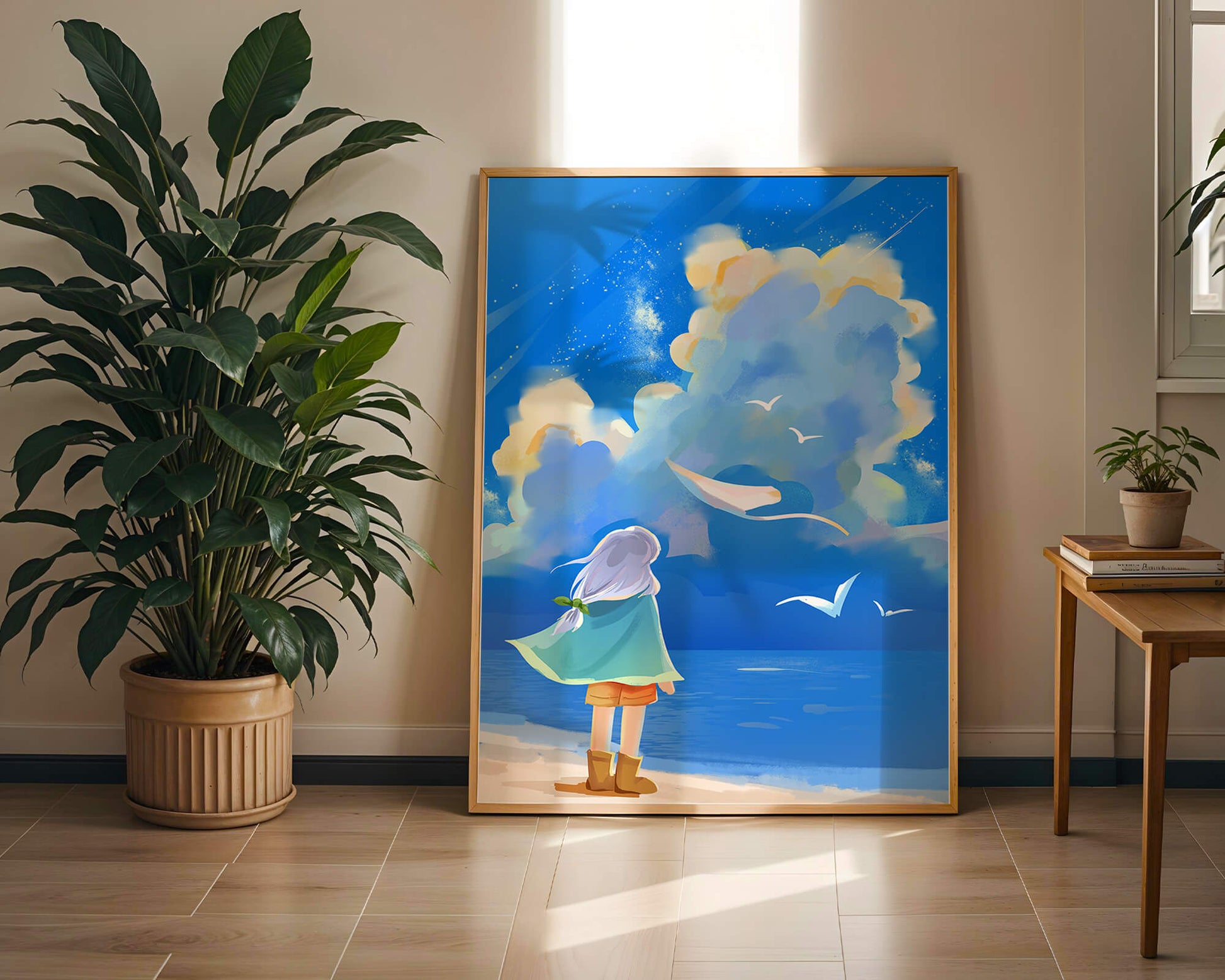 Young person gazing at a vibrant seaside sky with birds flying