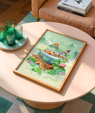 Illustration of a traditional Asian scene with large bowl and serene landscape