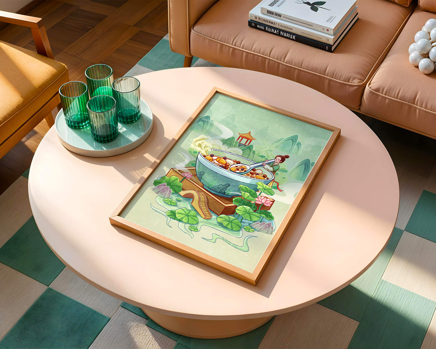 Illustration of a traditional Asian scene with large bowl and serene landscape