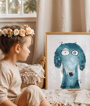 Illustration fantaisiste d’un chien bleu aux traits expressifs