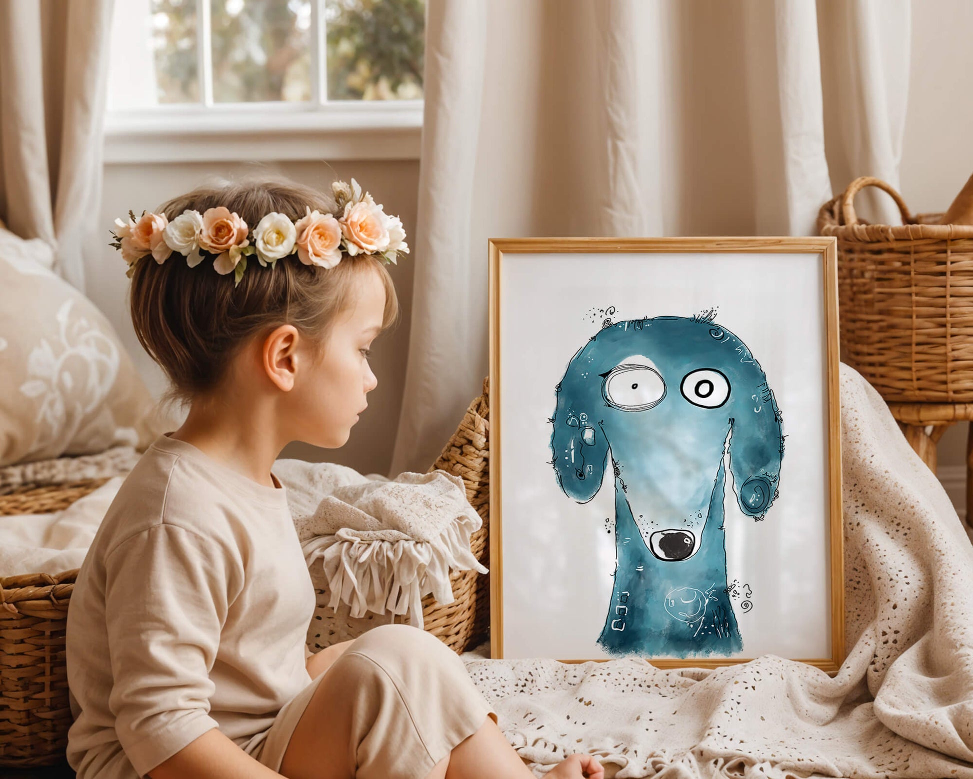 Whimsical blue dog illustration with expressive features