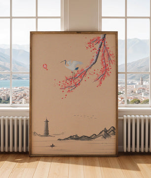 Paysage serein avec une grue et une branche de cerisier en style d’Asie de l’Est