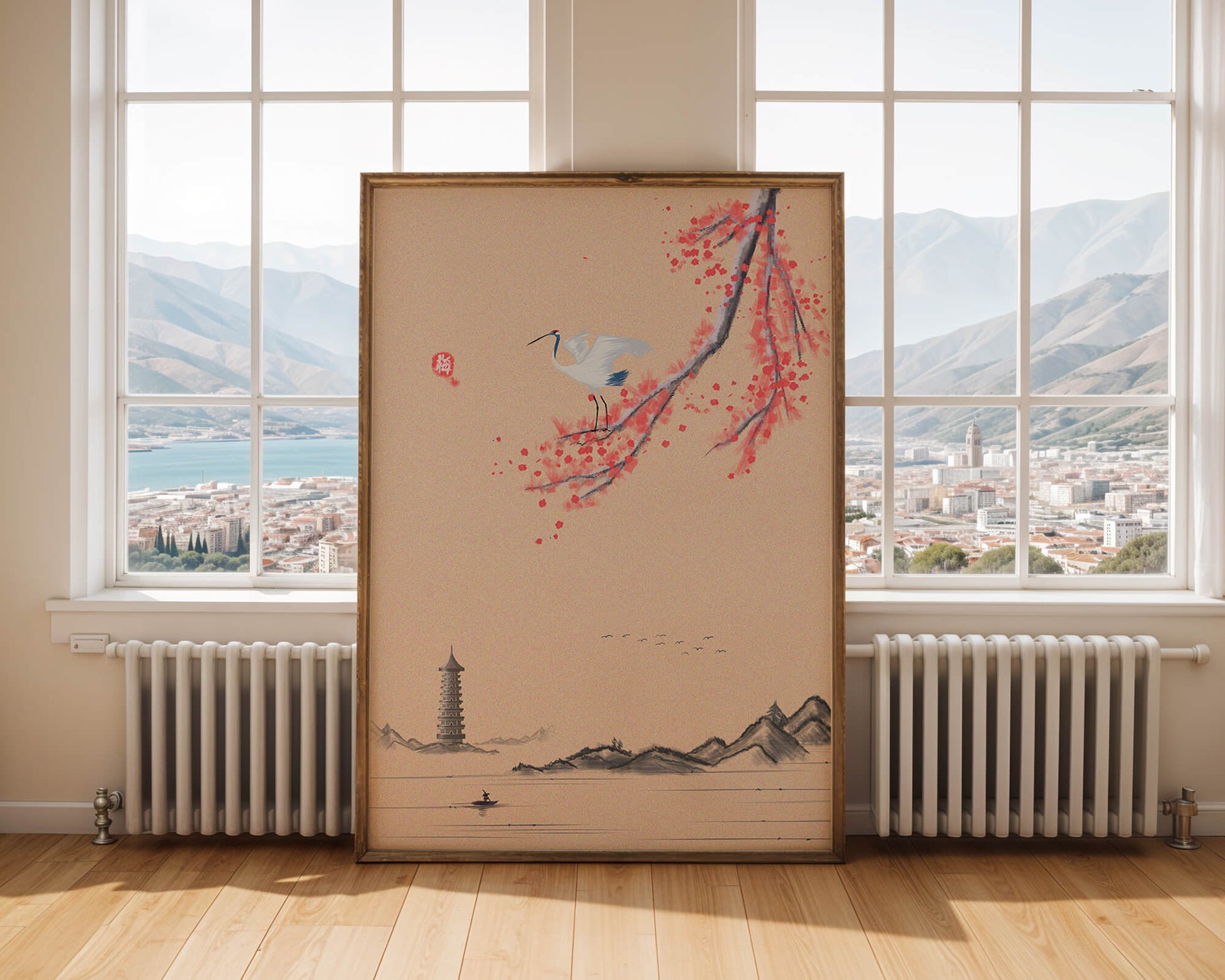 Serene landscape with crane and cherry blossom branch in East Asian style