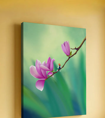 Serene illustration of magnolia flowers with a small figure in a hat
