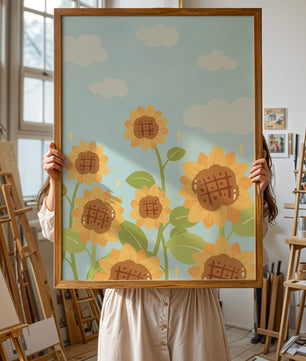 Sunflowers Under Blue Sky with Floating Clouds