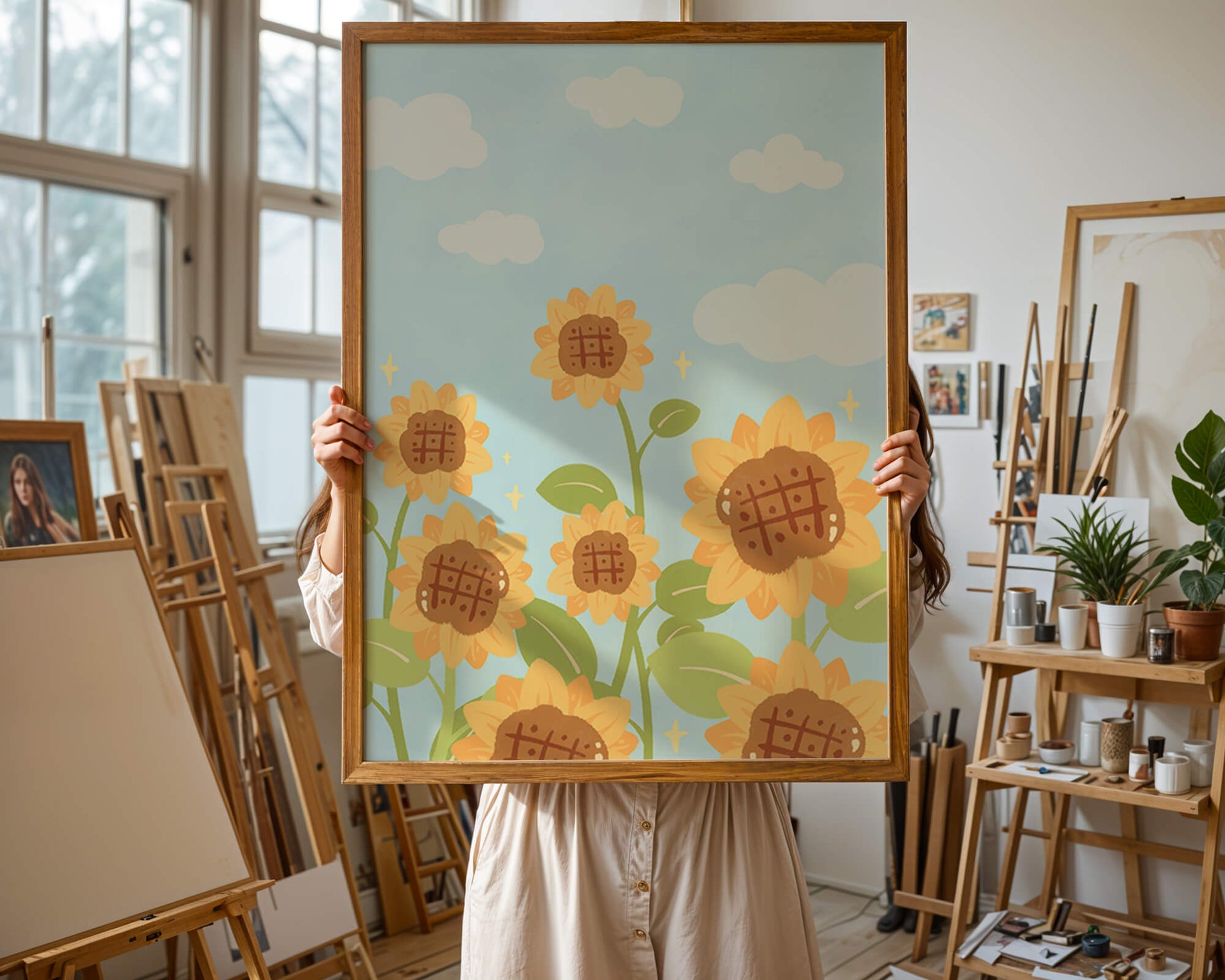 Sunflowers Under Blue Sky with Floating Clouds