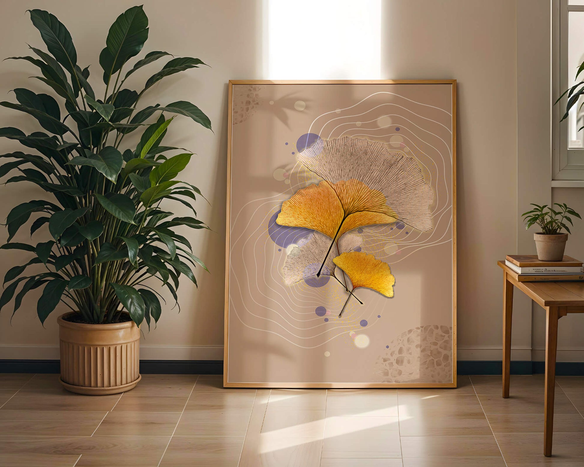Elegant ginkgo leaves with abstract wavy and circular elements