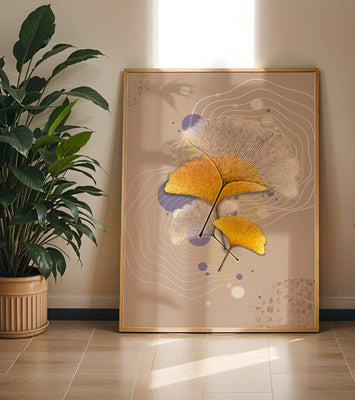 Elegant ginkgo leaves with abstract wavy and circular elements