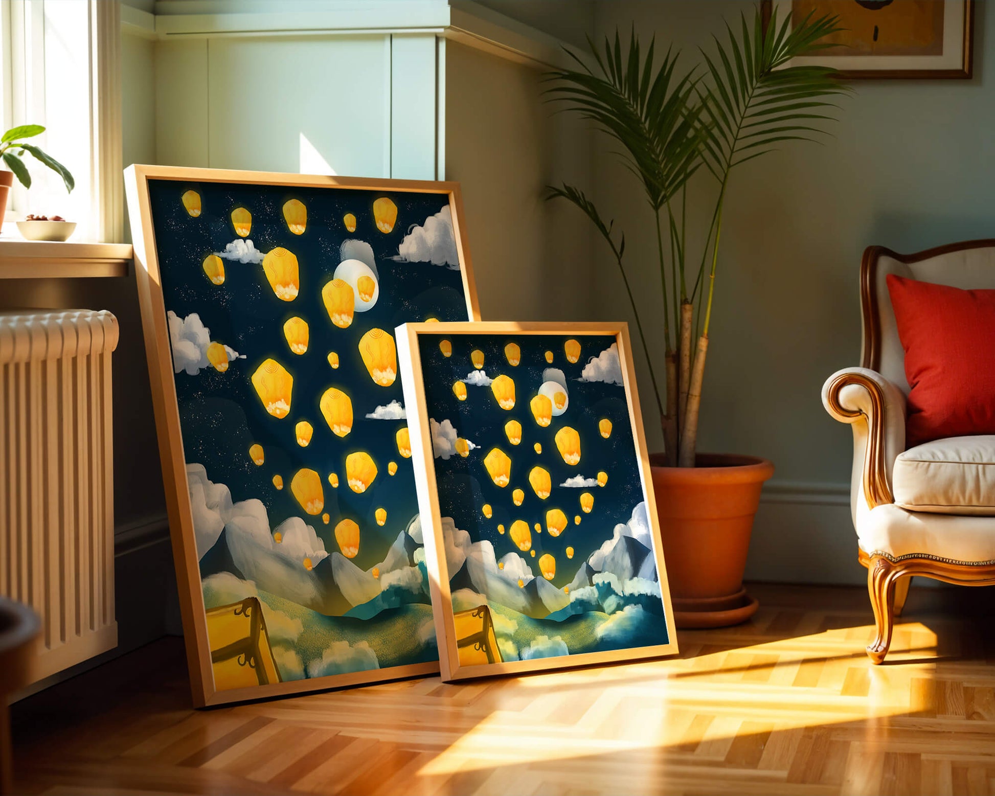 Lanterns floating in a starry night sky over mountains