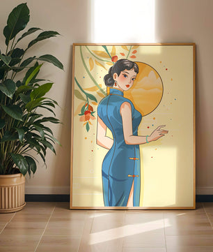 Mujer elegante con vestido tradicional y fondo floral y sol dorado