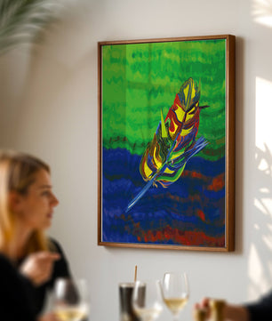 Abstract colorful feather on vibrant background