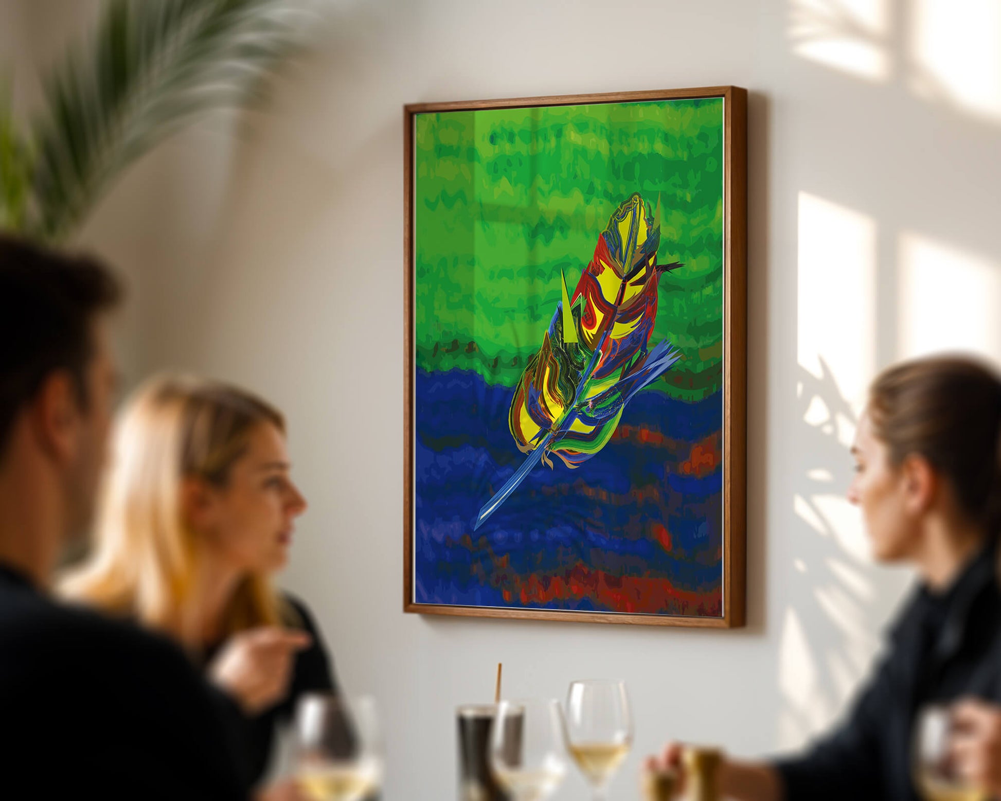 Abstract colorful feather on vibrant background