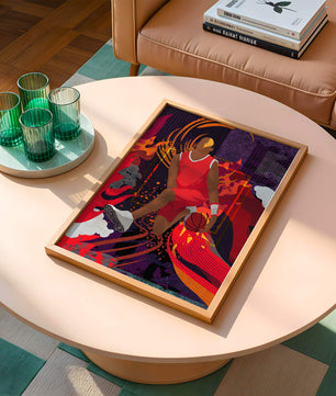 Ilustración dinámica de un jugador de baloncesto en movimiento con patrones abstractos
