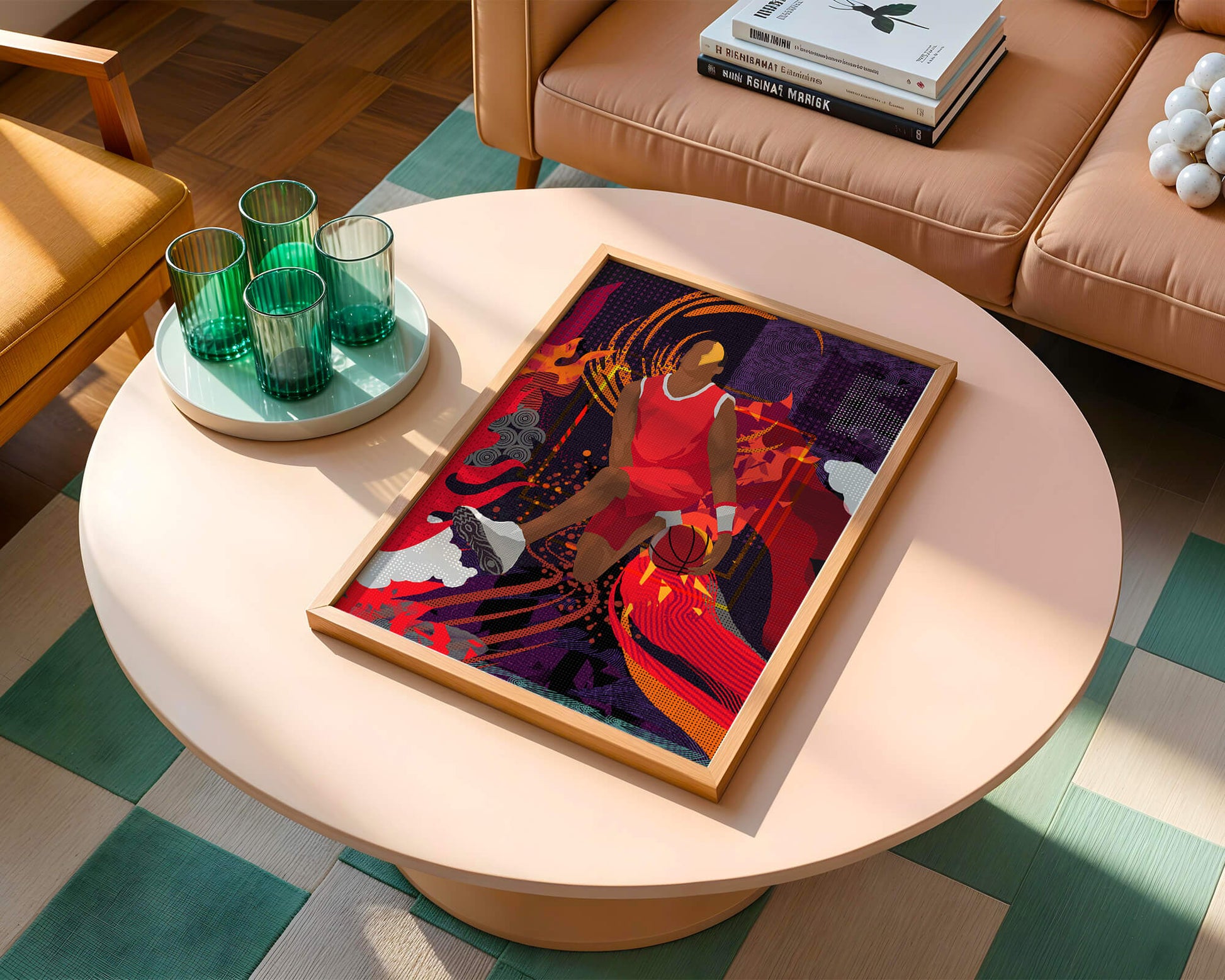 Dynamic illustration of a basketball player in motion with abstract patterns