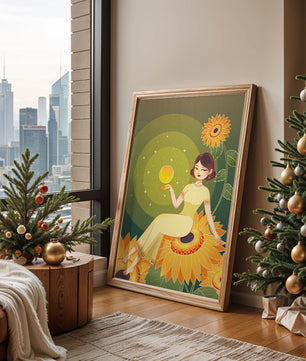 Elegant woman sitting on sunflowers in a celestial scene