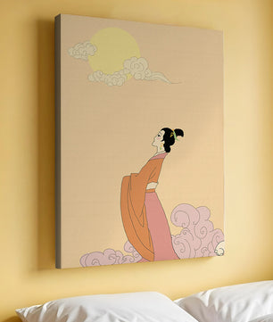 Elegant Woman in Traditional Dress with Moon and Clouds
