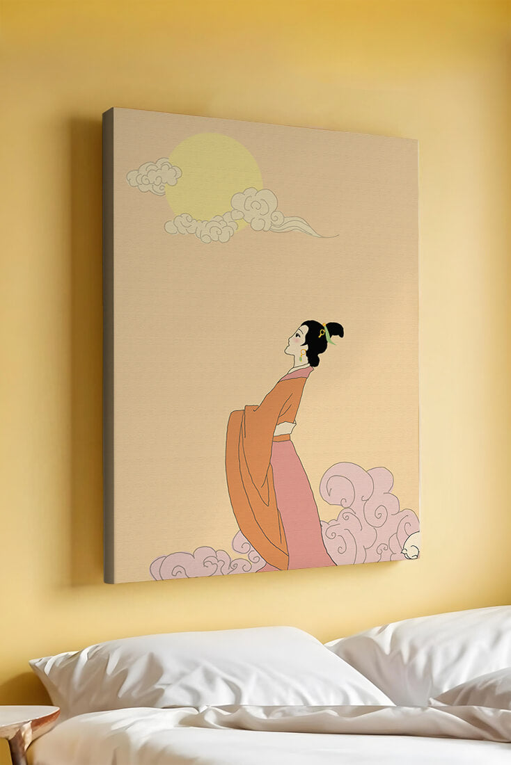Elegant Woman in Traditional Dress with Moon and Clouds
