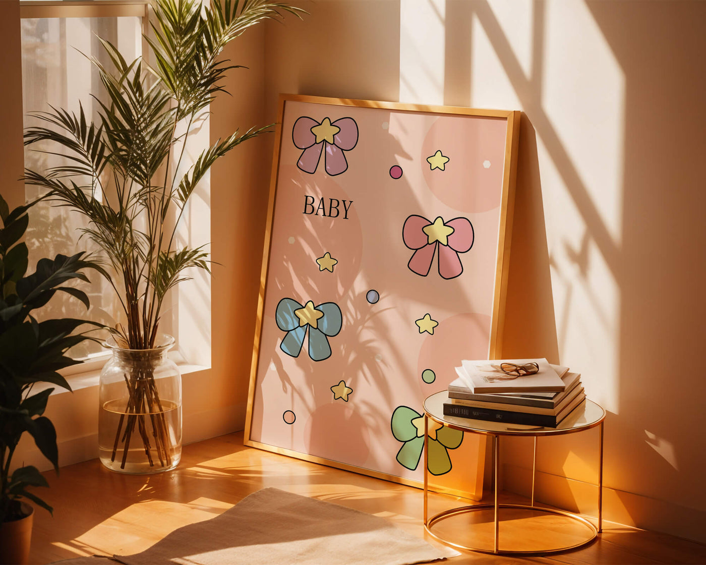 Colorful baby-themed backdrop with bows and stars