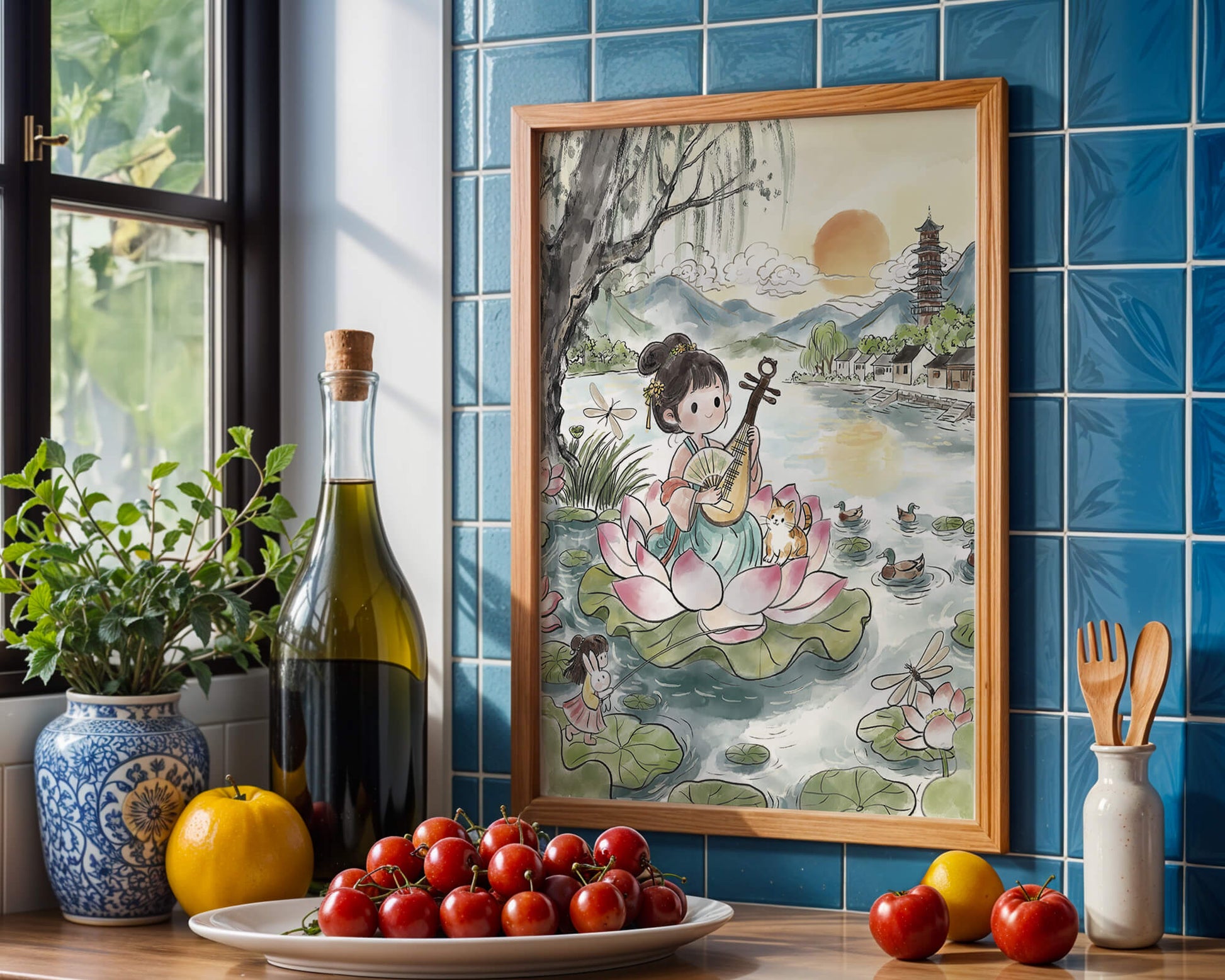 Traditional Asian Scenery with Girl Playing Instrument on Lotus Pond at Sunset