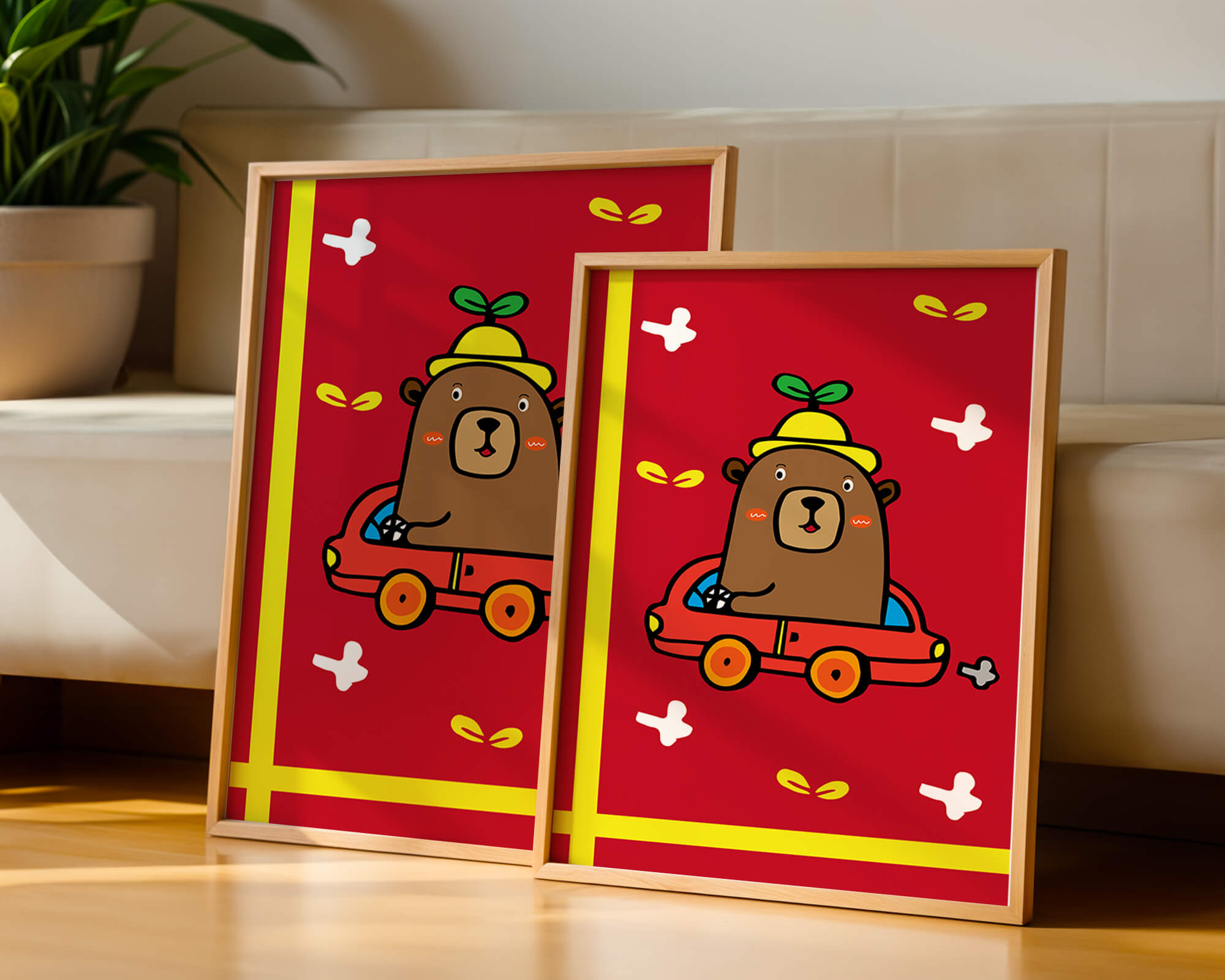 Whimsical bear driving a car on a bright red background