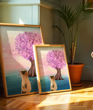 Serene scene with cat and blossoming cherry tree at sunrise