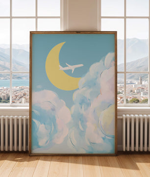 Ilustración de cielo panorámico con avión y luna creciente