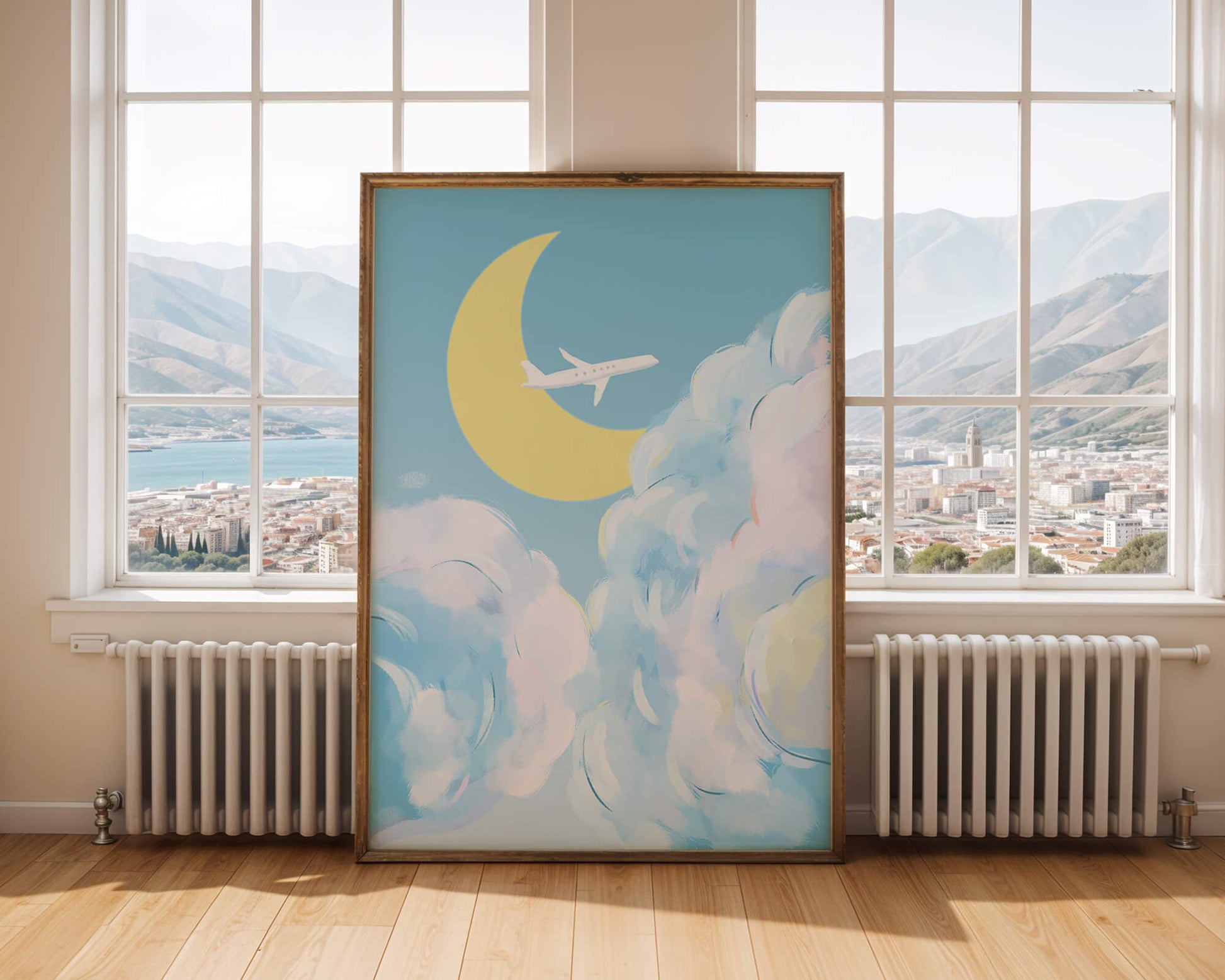 Scenic sky illustration with airplane and crescent moon