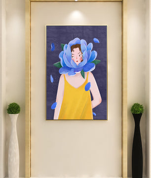 Illustration of woman with blue flower head and yellow dress