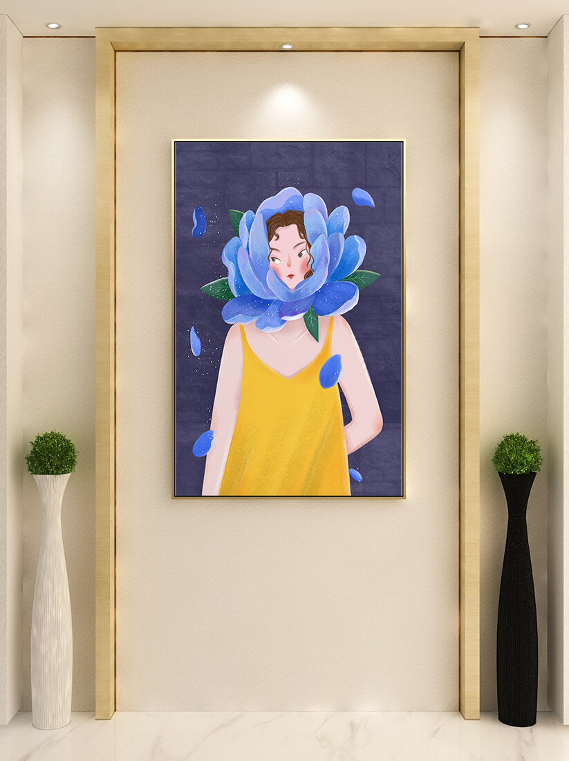 Illustration of woman with blue flower head and yellow dress