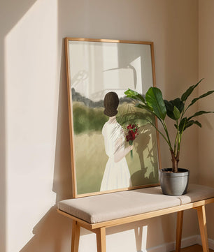 Woman in White Dress Holding Bouquet Facing Nature