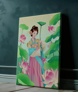 Traditional Asian woman in a garden surrounded by lotus flowers and green leaves