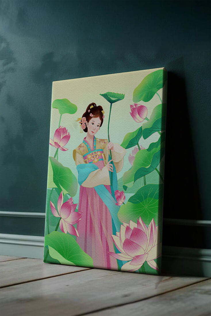 Traditional Asian woman in a garden surrounded by lotus flowers and green leaves