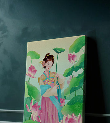Traditional Asian woman in a garden surrounded by lotus flowers and green leaves