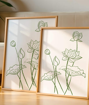 Ilustración de arte de línea verde de flores de loto con capullos