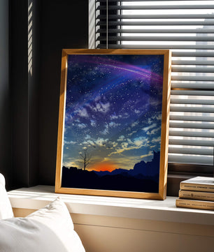 Starlit night sky with colorful sunset and silhouetted landscape