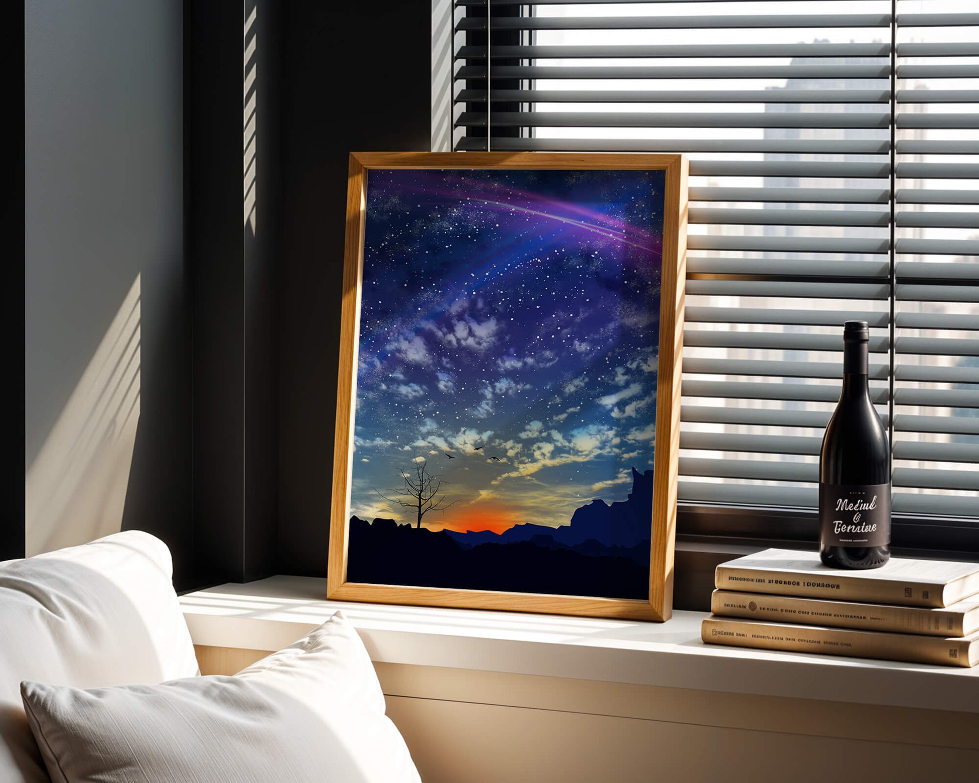 Starlit night sky with colorful sunset and silhouetted landscape