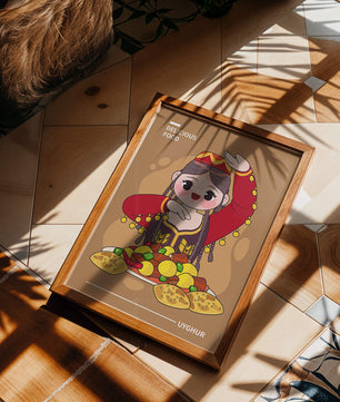 Illustration d’une figure culturelle ouïghoure portant un costume traditionnel et partageant un repas festif