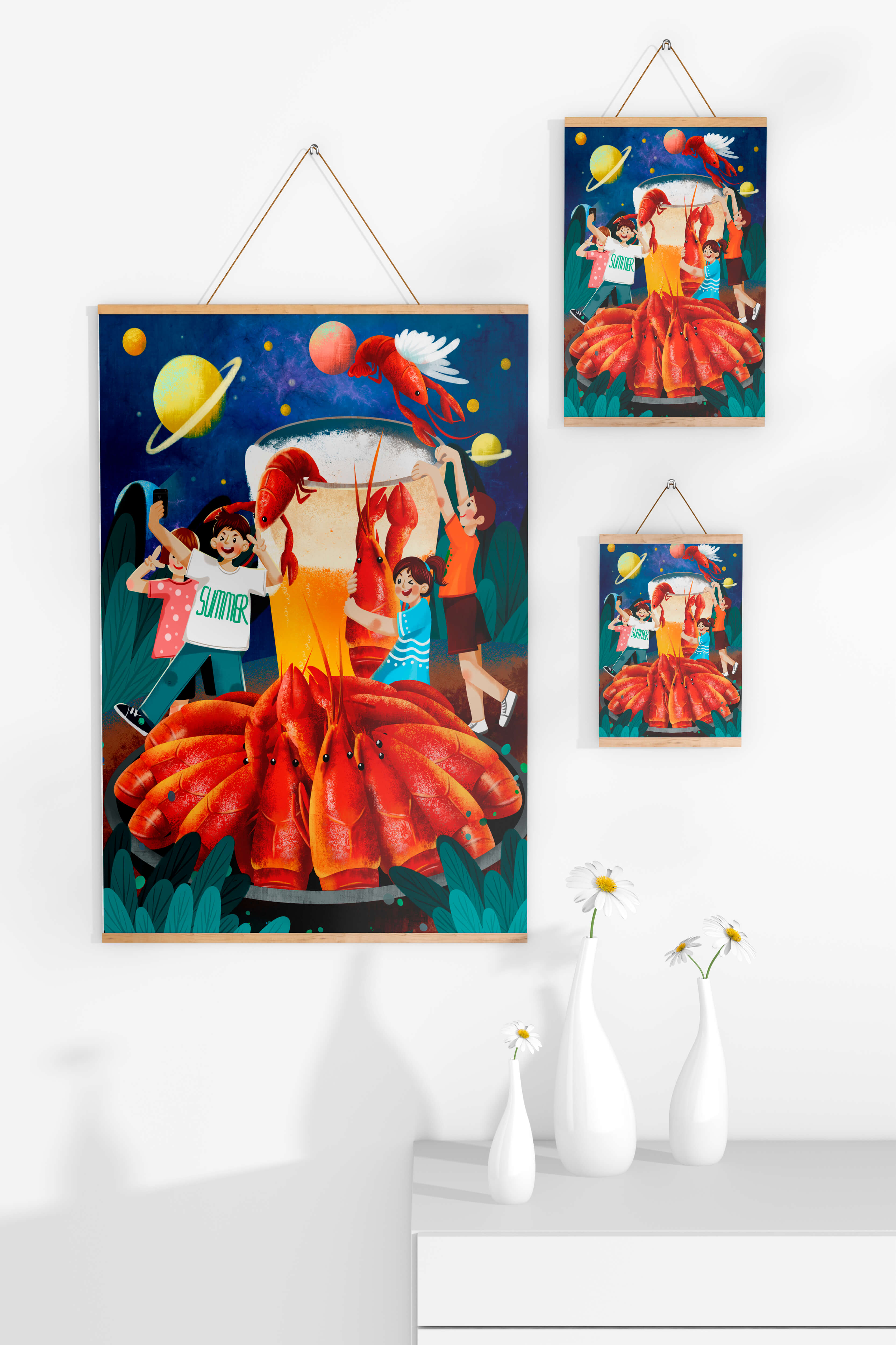 Fantasy illustration with cosmic lobsters and friends enjoying a summer feast
