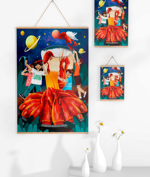 Ilustración de fantasía con langostas cósmicas y amigos disfrutando de un banquete de verano