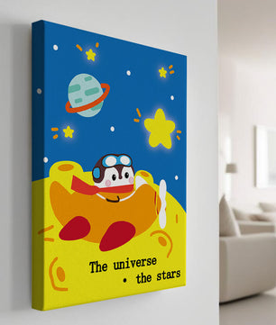 Colorful cartoon airplane with stars and planets in space