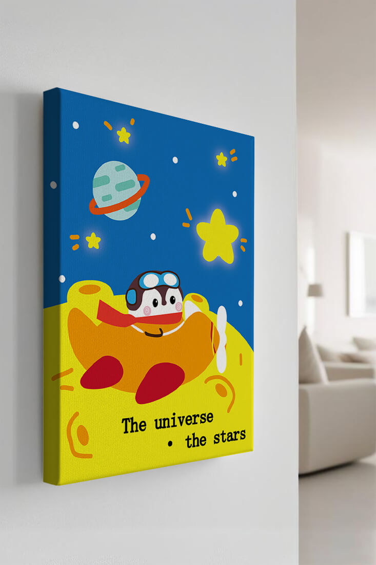 Colorful cartoon airplane with stars and planets in space