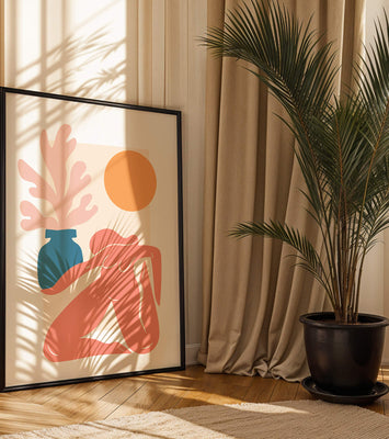 Abstract Nude Figure with Vase and Sun in Minimalist Style