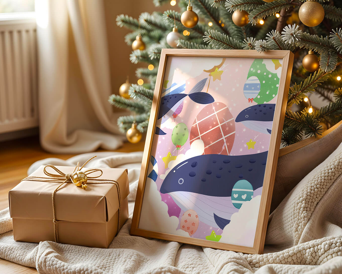 Whimsical illustration of whales and floating stars with colorful eggs