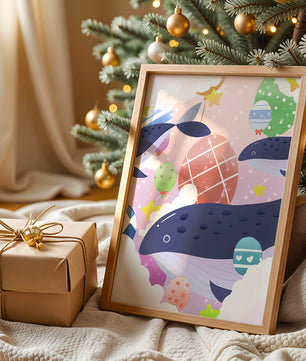 Whimsical illustration of whales and floating stars with colorful eggs