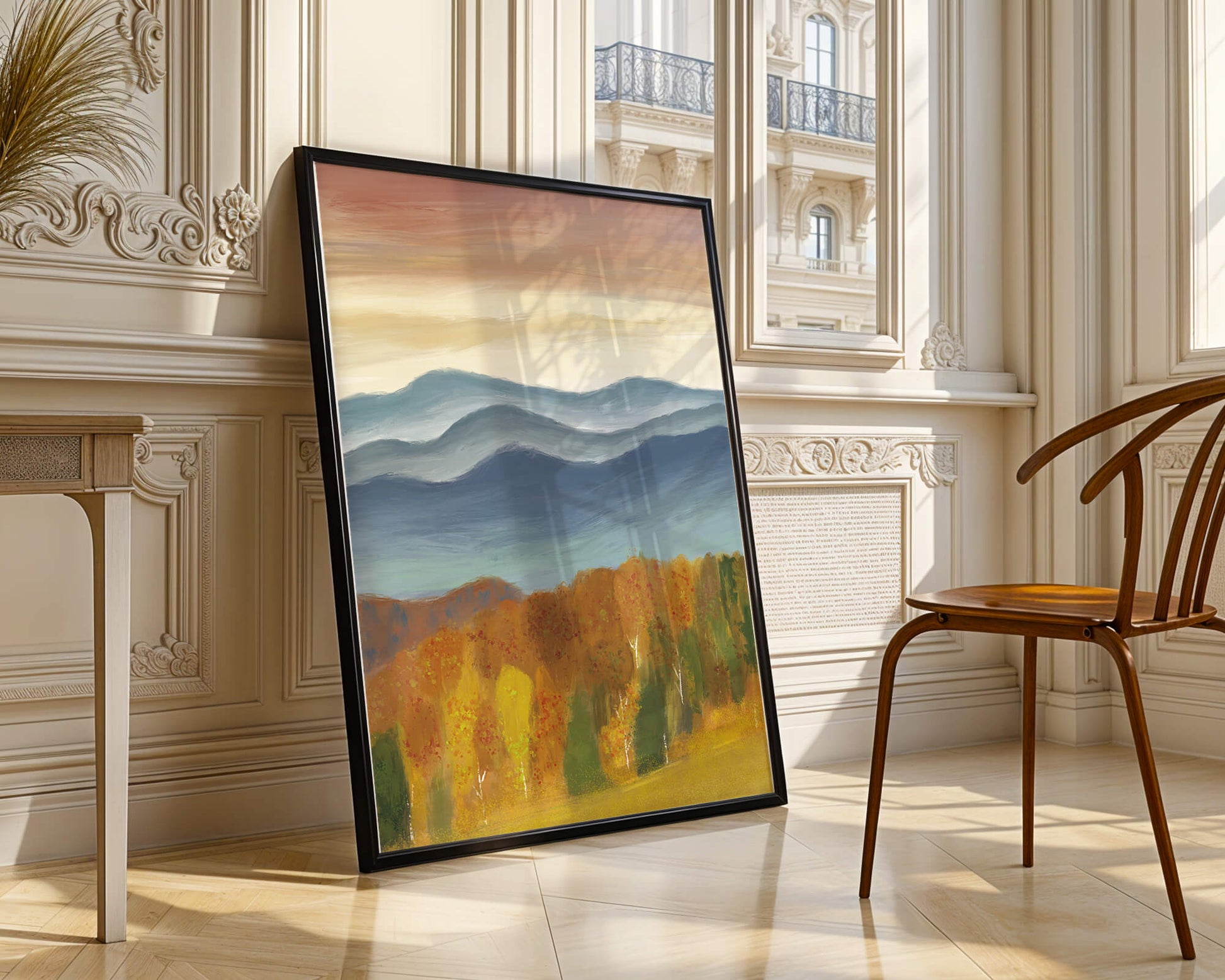 Autumn Mountain Landscape with Vibrant Trees and Colorful Sky
