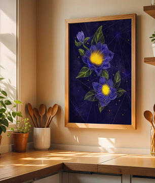 Floral Art with Blue and Yellow Lotus Design on Starry Background