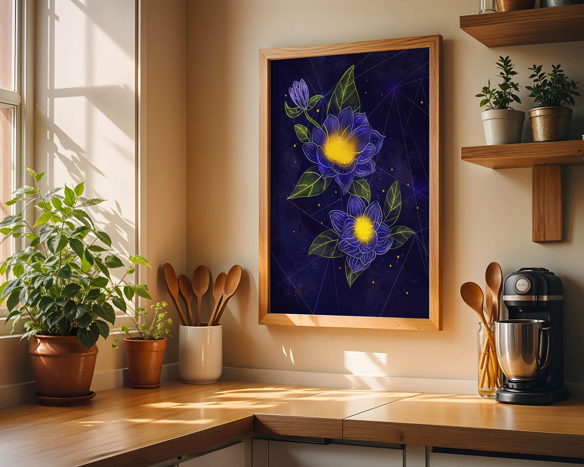Floral Art with Blue and Yellow Lotus Design on Starry Background