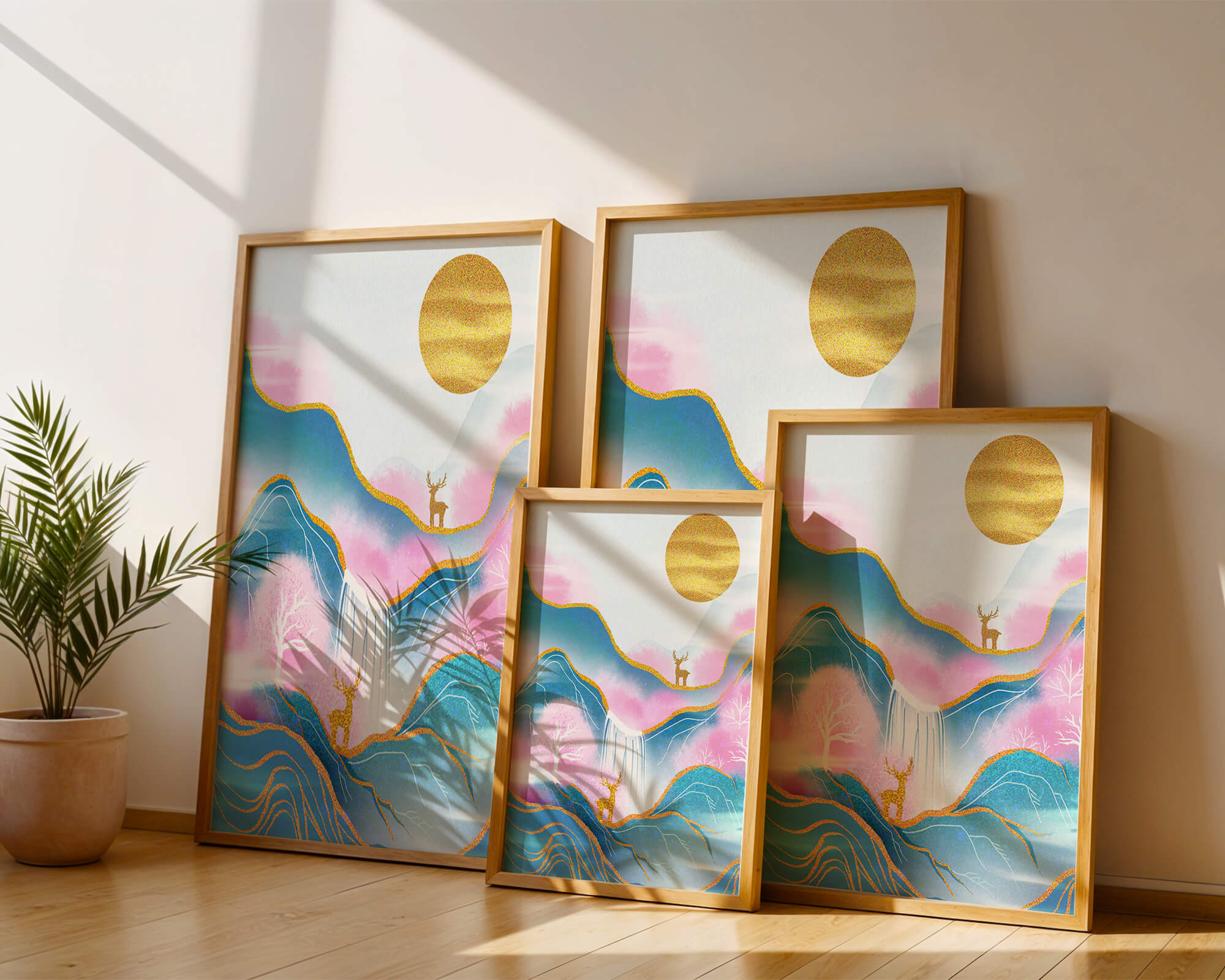 Golden deer in a pastel mountain landscape with pink skies
